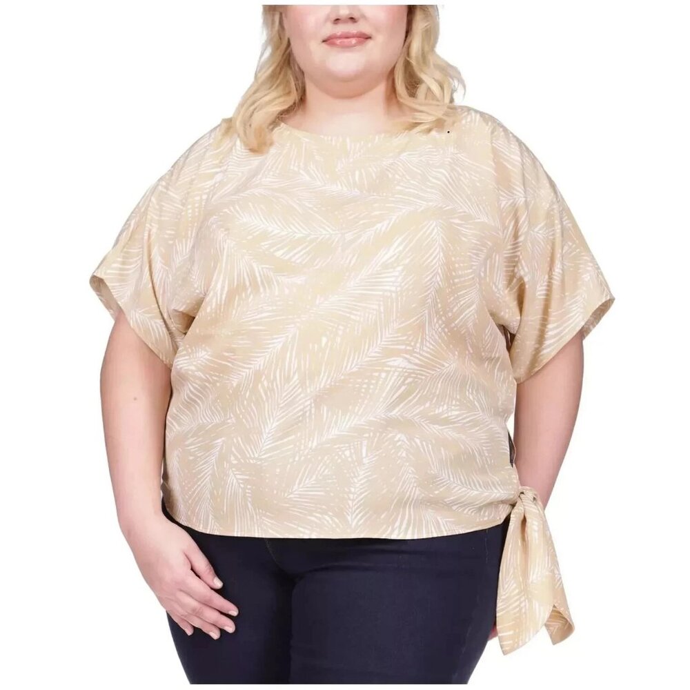 Michael Kors Women's Plus Size Kimono Sleeve Side Tie Top, Khaki Palm Print, 2X